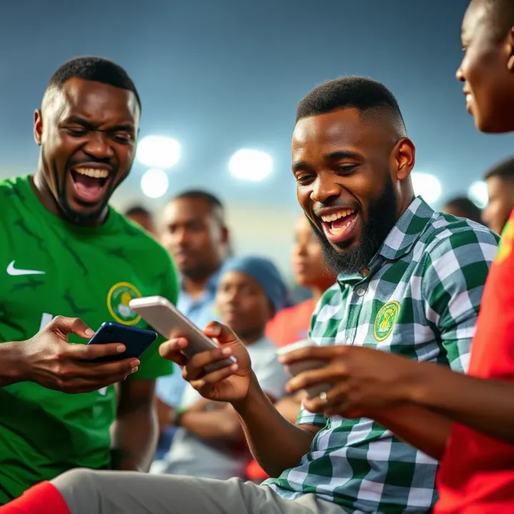 Excited Nigerian football fans engaging with football predictions on mobile devices during Africa World Cup qualifiers