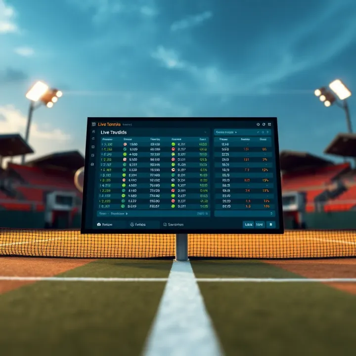 Tennis court with a digital betting interface showcasing live odds and match statistics