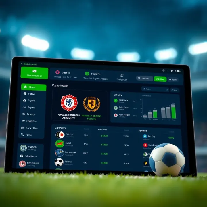 Graphic showing a secure account dashboard with football match predictions and safety icons