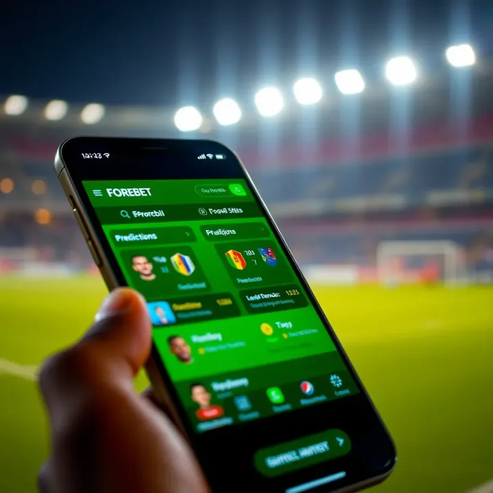 Mobile phone displaying detailed football match predictions and statistics within the Forebet app interface