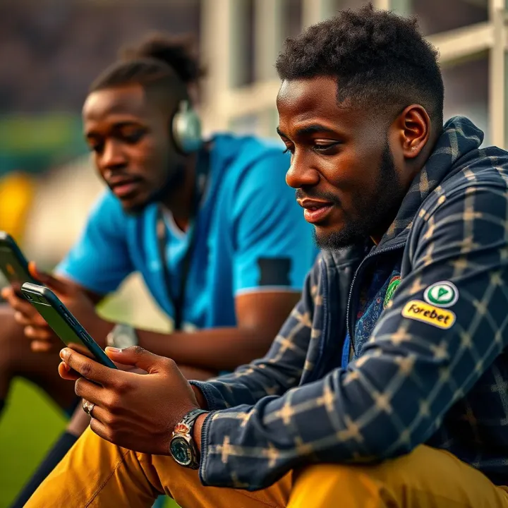 Football fans in Nigeria engaging with the Forebet app on a smartphone while analyzing match insights