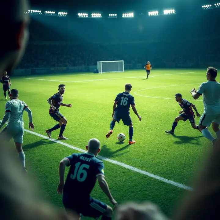 Football field with two teams actively attacking and defending, illustrating the concept of both teams scoring