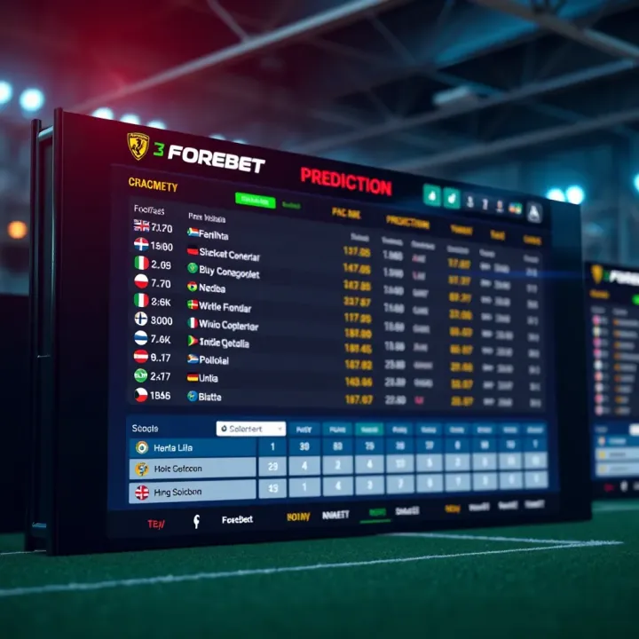 A digital football scoreboard displaying various match statistics and predictions