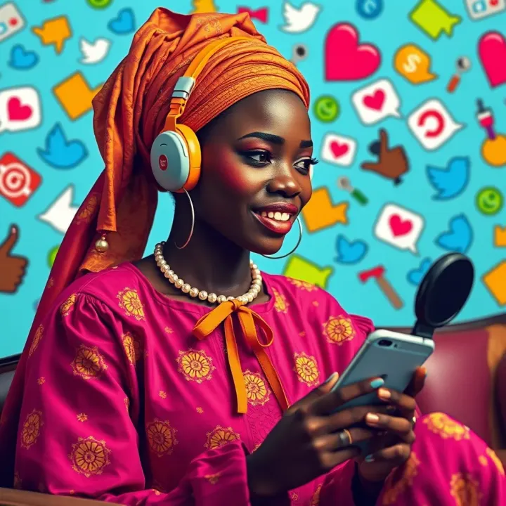 Colorful digital illustration of social media icons and Nigerian cultural elements