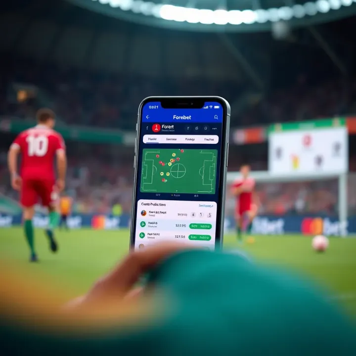Mobile phone screen showing Forebet app football prediction interface with charts and match details
