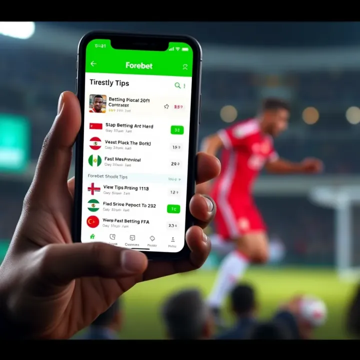 Mobile phone displaying Forebet app interface with betting tips and odds