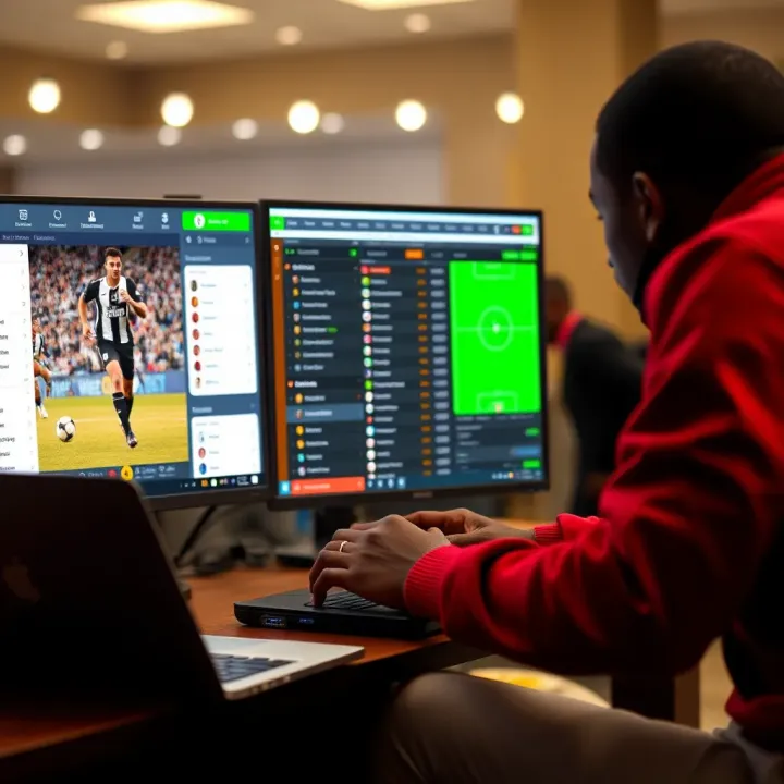 Football fan using Forebet application on a laptop to check match predictions