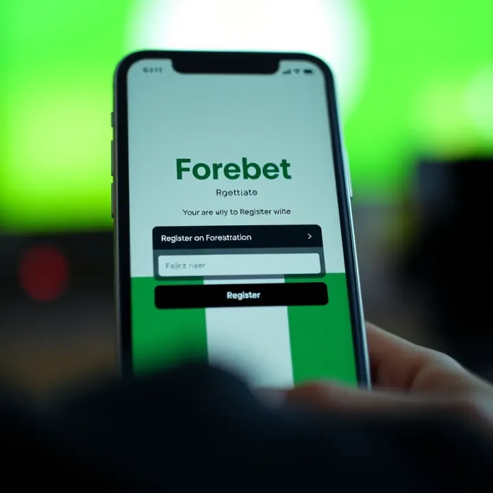Illustration of a mobile phone displaying the Forebet registration screen with Nigerian flag colors