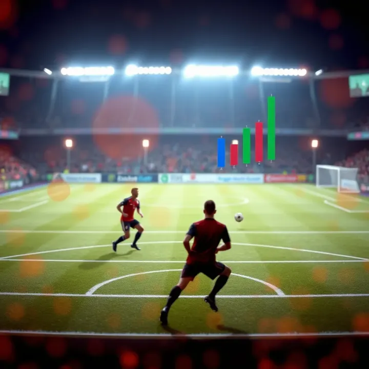 Illustration of a football field with data overlays indicating probable match outcomes and prediction accuracy