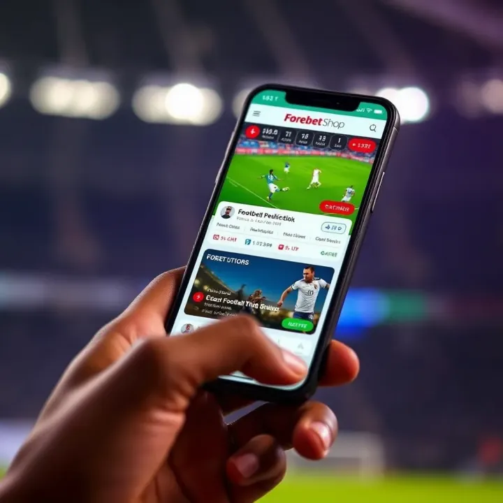 Mobile phone showing Forebet Shop Old Mobile Lite app with football match predictions and betting tips
