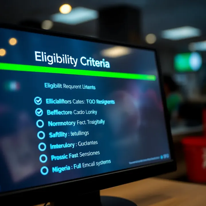 Checklist of eligibility requirements displayed on a digital screen with Nigerian currency symbols