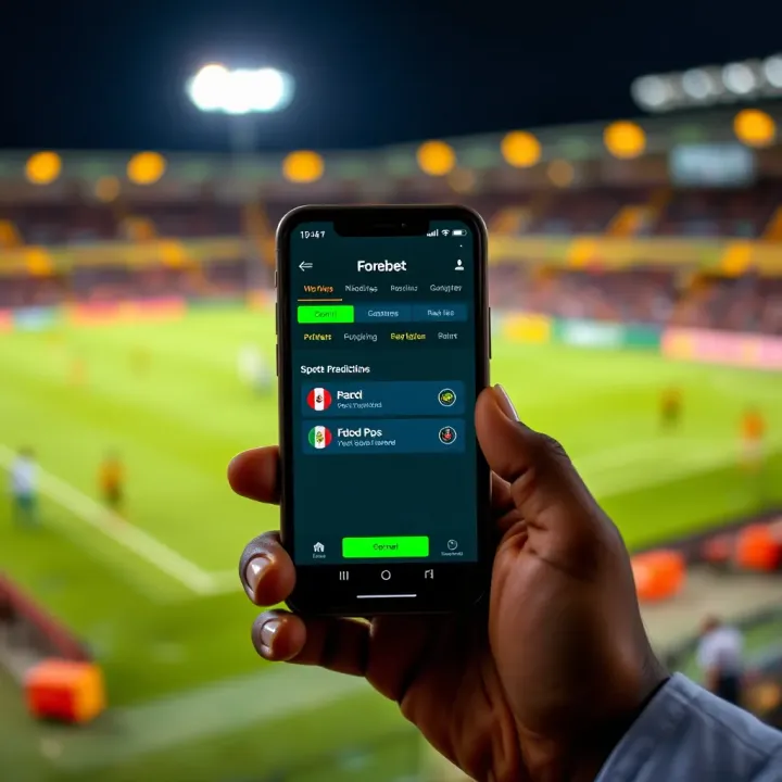 Mobile phone displaying Forebet app interface with sports predictions and betting options