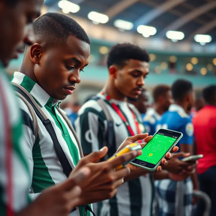 Graphic illustrating Nigerian football fans accessing Forebet on mobile devices to follow matches