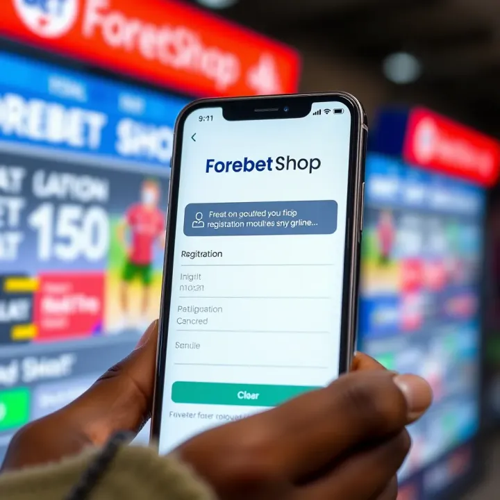 Mobile device showing Forebet Shop registration screen with clear input fields