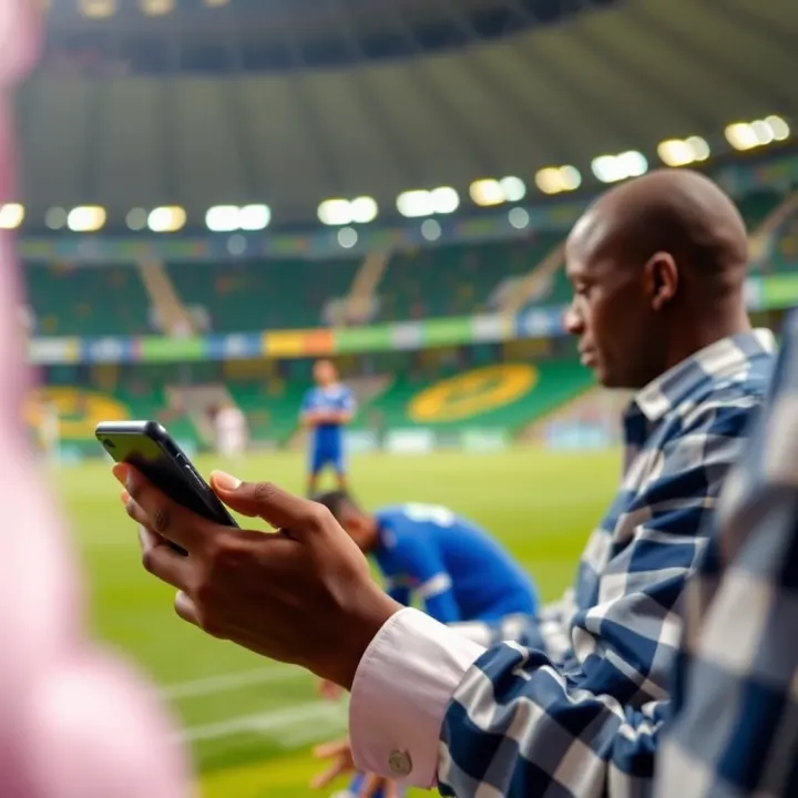 Illustration of Nigerian football fans analyzing Forebet Dog House free play data on a mobile device for betting decisions