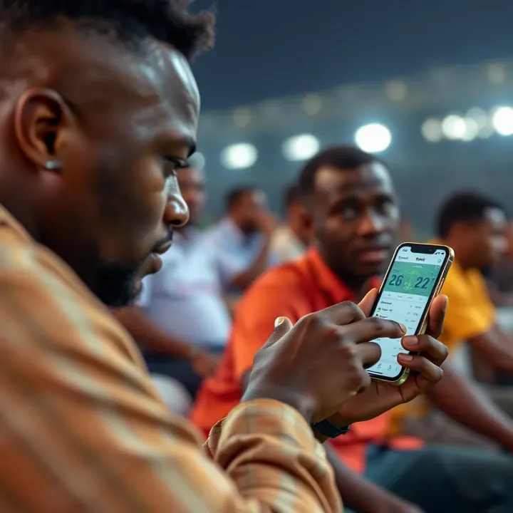 Nigerian football fans engaging with digital football prediction data on a smartphone
