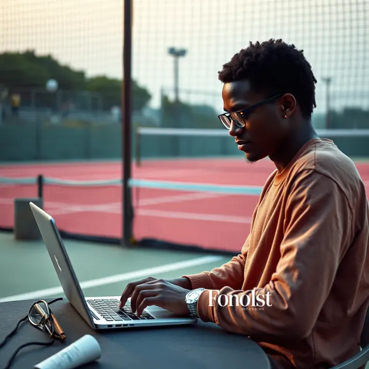Nigerian sports fan analyzing tennis betting tips on a laptop with a tennis court background