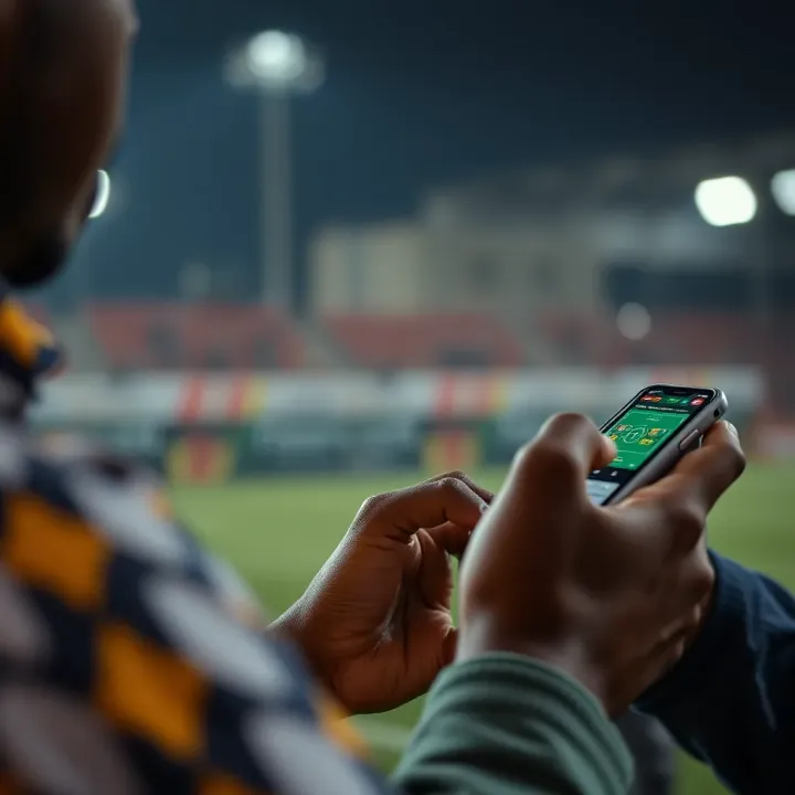 Nigerian user navigating football predictions on a basic mobile device with clear data usage icons