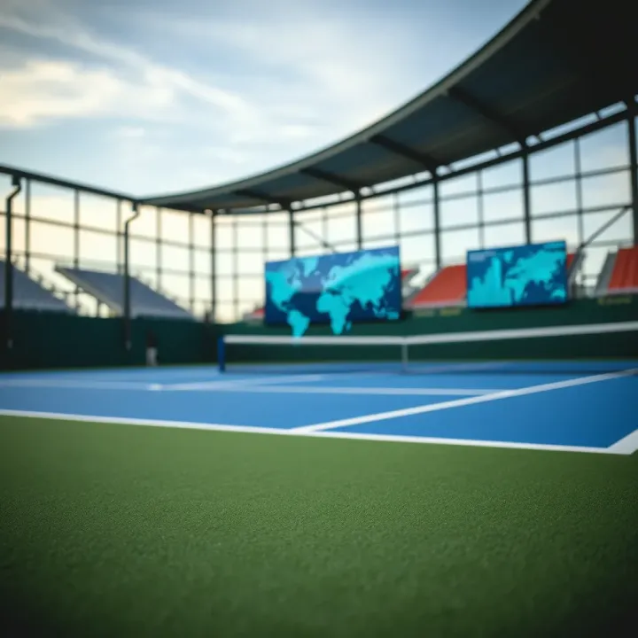Tennis court with digital data graphics indicating match insights