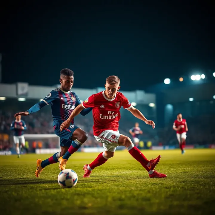 Football players competing intensely on the pitch during a Premier League match