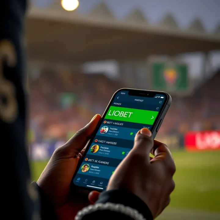 Nigerian bettor using a smartphone showing Liobet interface with betting options and match insights