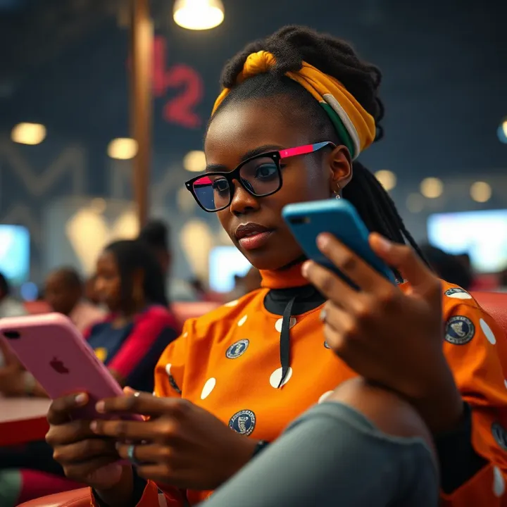 Vibrant Nigerian youth engaging with social media on smartphones