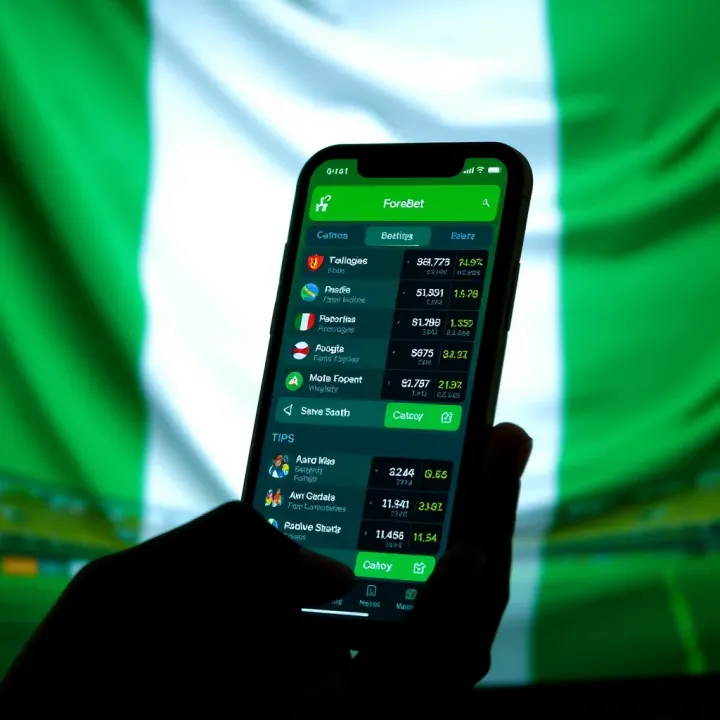 Illustration of mobile phone displaying football statistics and betting tips with Nigerian flag backdrop